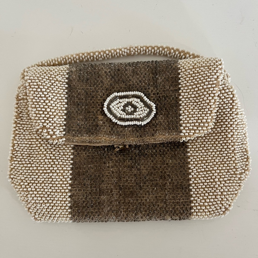 Vintage Cream and Brown Tiny Beaded Clutch